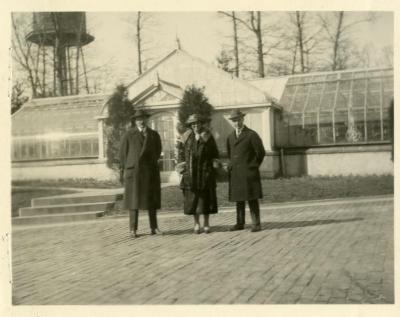 Joy Morton's children and nephew, in front of Thornhill residence greenhouse
