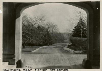 Morton Residence at Thornhill, looking east from under archway to entrance drive