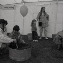Arbor Day activities at The Morton Arboretum, boy planting plant with woman in barrel of dirt next to Seedling Planting station