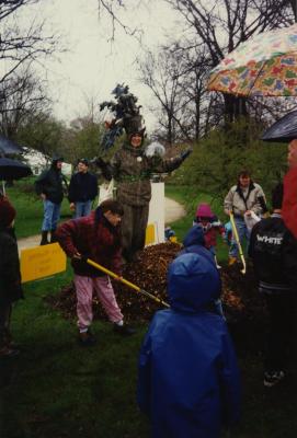 Arbor Day, children planting tree with Carolyn Finzer dressed as Morton Oak