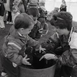 Arbor Day activities at The Morton Arboretum, woman and two boys transferring plant to dirt in barrel next to Seedling Planting station