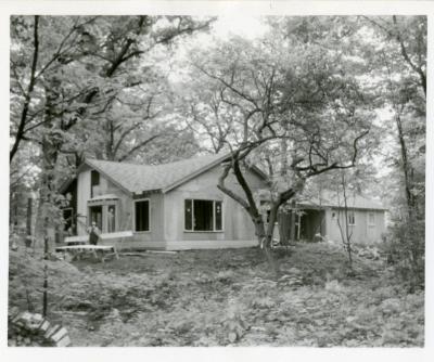 Clarence Godshalk residence, construction, front and side exterior, view from wooded area