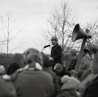 Arbor Day Centennial, tree planting, Tony Tyznik at microphone speaking to crowd