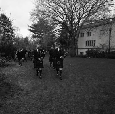 Arbor Day Centennial, afternoon program, Shannon Rovers pipe band playing bagpipes leading processional across Thornhill lawn