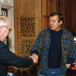 George Ware Retirement Party in Founders Room - George Ware (left) and Doug Monroe shaking hands