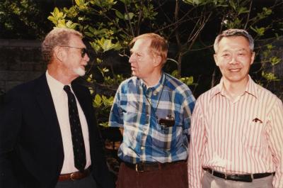 Green Nature, Human Nature book signing in Sterling Morton Library. Charles Lewis, Bill Hess, and Peter Wang in the May T. Watts Reading Garden