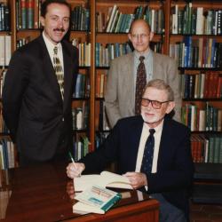 Green Nature, Human Nature book signing in Sterling Morton Library, Gerry Donnelly and Michael Stieber standing, Charles Lewis seated
