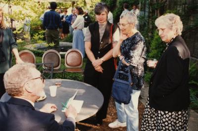 Green Nature, Human Nature book signing in Sterling Morton Library, Charles Lewis with Mary Hason, Ann Grimes, and Helen Pierce in the May T. Watts Reading Garden