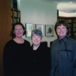 Sterling Morton Library Gala opening, Rita Hassert and Nancy Hart with keynote speaker, Charlotte Tancin, in the main reading room
