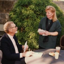 Green Nature, Human Nature book signing in Sterling Morton Library, Charles Lewis seated, Fay Wheatman standing in the May T. Watts Reading Garden