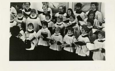 St. Luke's (Evanston) choir Christmas concert in the Sterling Morton Library, closeup of singers