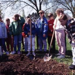 Group, mainly children, around newly planted Arbor Day tree near Hedge Garden