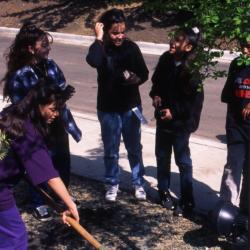 Young girls planting Arbor Day tree near sidewalk and road at Thornhill