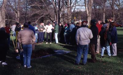 Employees gathering around tree to be planted for Arbor Day employee tree planting