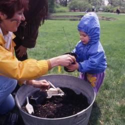 Susan Klatt handing potted seedling to toddler during Arbor Week celebration