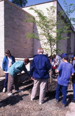 Children and adults with shovels planting Arbor Day tree at Thornhill Education Center