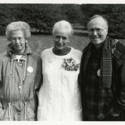 Helen Langrill Retirement Party in tent - Virginia Hall (left), Helen Langrill, Marion Hall in lawn