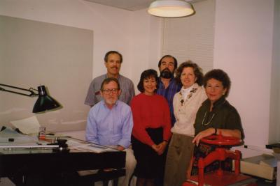 Support group photo in Research Building basement - Joe Larkin (Seated, blue shirt) (Standing L to R): Jim Nachel, Marsha Davis, Tony Byrne, Nancy Stieber, Elaine Fairbanks
