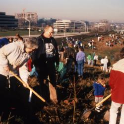 Bill Hess and others planting tree on top of berm during Earth Day celebration and berm planting