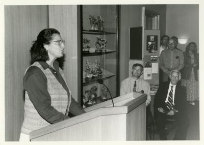 Jane Balaban speaking at Swink-Wilhelm book signing at Thornhill (Floyd Swink and Jerry Wilhelm seated)