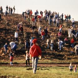 Boy in red coat looking at crowd on berm during Earth Day celebration and berm planting