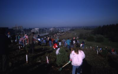 Crowd on top of berm planting trees during Earth Day celebration and berm planting