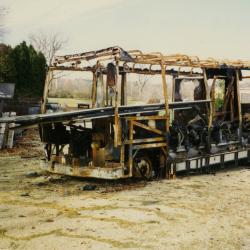 Burned tram/ tour bus at South Farm