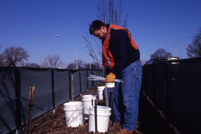 Salt Study, Pat Kelsey installing buckets in median on Lake Shore Drive