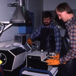Pat Kelsey and Rick Hootman working with equipment in soils lab