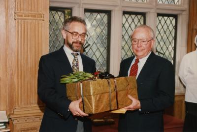 George Ware Retirement Party in Founders Room - Christopher Dunn presenting gift to George Ware