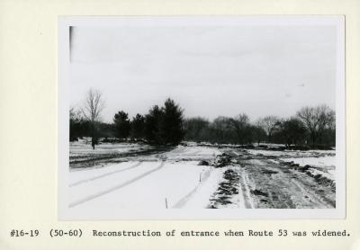 Arboretum entrance drive in winter during reconstruction when Route 53 was widened
