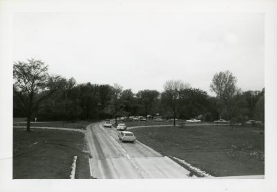 Sunday traffic heading to west side showing west entrance road, near Elm Collection