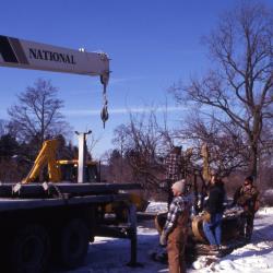 Truck crane with hook by Grounds Crew and root balled tree in winter for tree transplanting