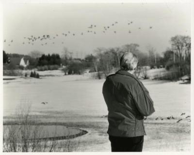 Alfred Etter observing ducks &amp; geese in flight over Arbor Lake in winter