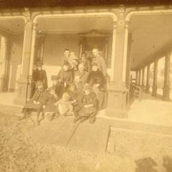J. Sterling Morton, 4 sons and extended family sitting on Arbor Lodge porch