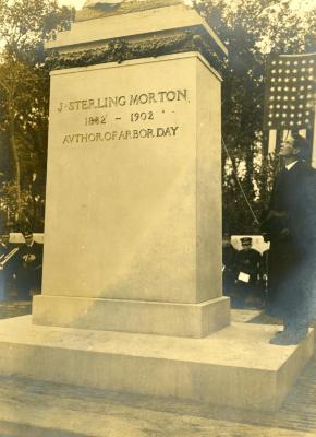 Memorial dedication in honor of J. Sterling Morton at Arbor Lodge, engraving below statue