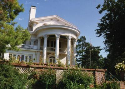 Arbor Lodge State Historical Park and Mansion, exterior, rotunda portico behind garden wall