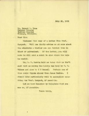 1921/07/21: Joy Morton to Howard L. Krum