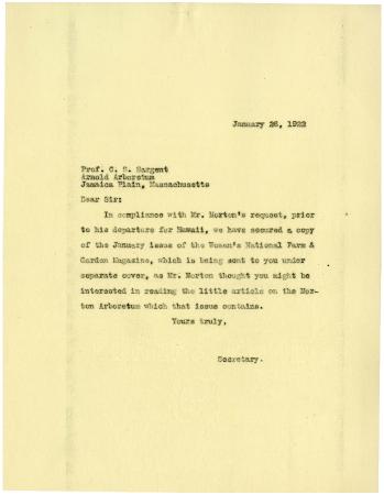 1922/01/26: Joy Morton Secretary to C. S. Sargent