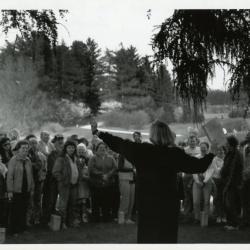 Twilight Tree Walk - Nancy Hart, portraying the European Larch, speaking to crowd 