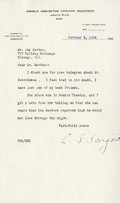 1924/10/09: C. S. Sargent to Joy Morton