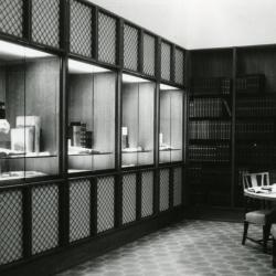 Sterling Morton Library, reading room, exhibit cases and study table, southeast corner