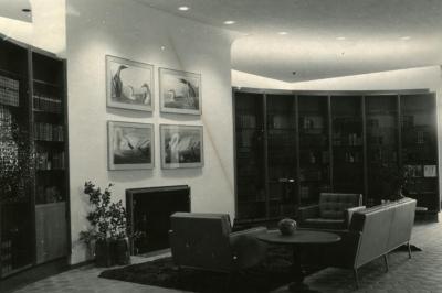 Sterling Morton Library, reading room, fireplace seating area facing northeast