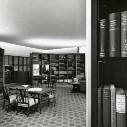 Sterling Morton Library, reading room, center table and curved bookshelves