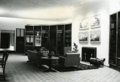 Sterling Morton Library, reading room, fireplace seating area facing northwest