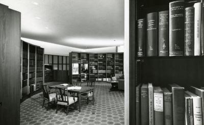 Sterling Morton Library, reading room, center table and curved bookshelves