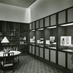 Sterling Morton Library, reading room, exhibit cases and study table, northeast corner