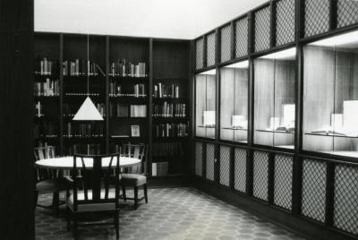 Sterling Morton Library, reading room, exhibit cases and study table, northeast corner