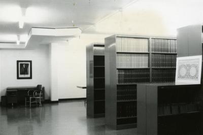 Sterling Morton Library, basement stacks and desk