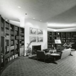 Sterling Morton Library, reading room, fireplace reading area and curved bookshelves